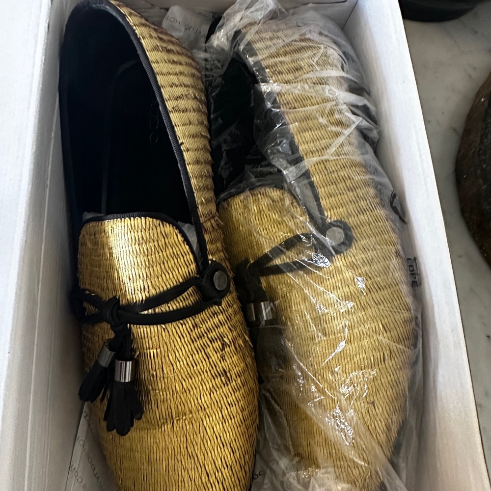 Aldo Gold Loafers with Woven Texture and Tassel Detail
